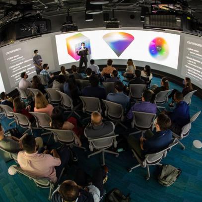Overhead image of NCSU Hill Library Visualization Space