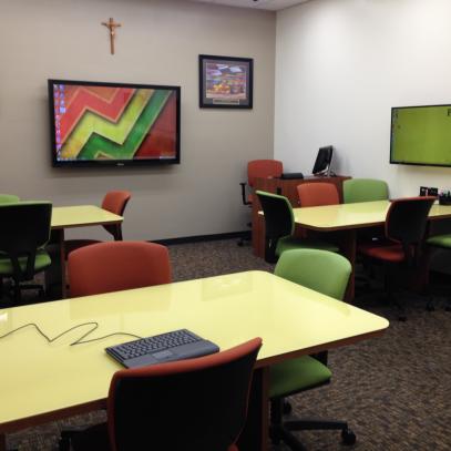 Three group tables with displays
