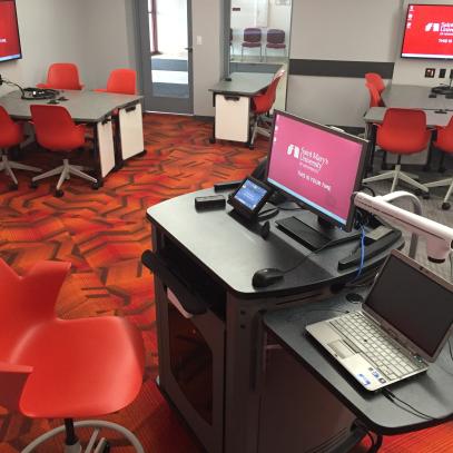 Lectern and tables with displays