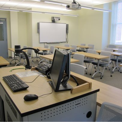 Lectern with Interactive whiteboard in background