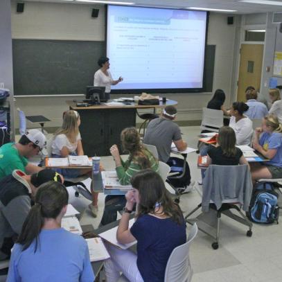 Classroom in use with projection screen